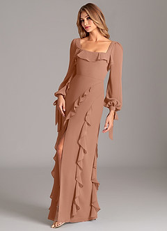 Azazie Candice 신부 들러리 드레스 A라인 긴팔 쉬폰 바닥 길이 드레스 image3