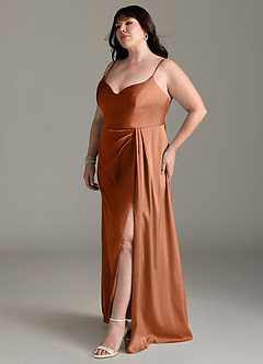 Azazie Brielle Bridesmaid Dresses Copper A-Line Cowl Spaghetti Straps Stretch Satin Dress image10