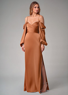 Azazie Sonata Bridesmaid Dresses Copper Sheath Long Sleeve Stretch Satin Convertible Dress image7