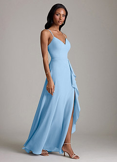 Azazie Naeem Robes de demoiselle d'honneur Robe Trapèze en Mousseline de soie Col V à volants Poudre Bleue image4