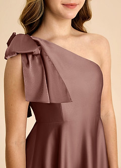 Azazie Penguin Junior Espresso A-Line Bow Stretch Satin Dress image7