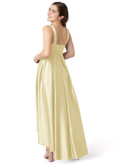 Azazie Inaya Junior Lemon Sorbet A-Line with Belt Stretch Satin Dress image3