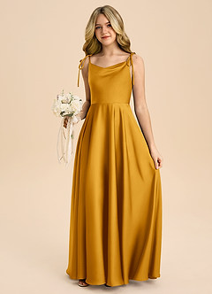 Azazie Popsy Junior Butterscotch A-Line Bow Stretch Satin Dress image5