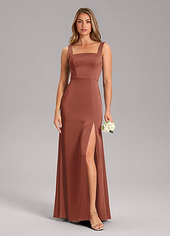 Azazie Frostine Bridesmaid Dresses Auburn A-Line Bow Stretch Satin Dress image3