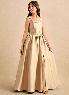 Azazie Enid Girls Formal Flower Girl Dresses Champagne A-Line Beaded Stretch Satin Dress image3