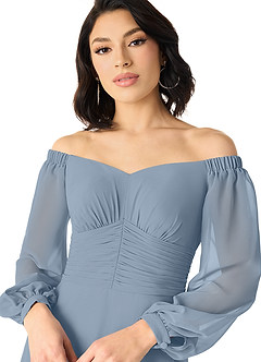 Azazie Rubina Bridesmaid Dresses Dusty Blue A-Line Long Sleeve Chiffon Dress image4