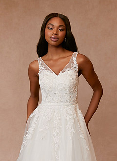 Azazie Dolores Wedding Dresses A-Line V-Neck lace Satin Tea-Length Dress image5