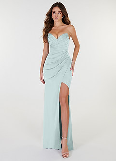 Azazie Yola Bridesmaid Dresses Mist Sheath V-Neck Pleated Stretch Satin Convertible Dress image1