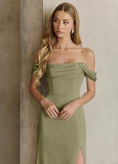 Azazie Saige Bridesmaid Dresses Pistachio Sheath Off the Shoulder Stretch Satin Dress image2