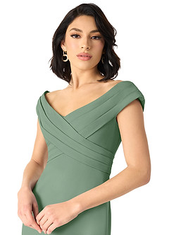 Azazie Evita Vestidos de damas de honor Vestido de Matcha de Crepé elástico de Corte en A con Vestidos sin tirantes image4