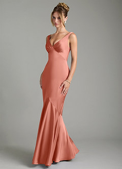 Azazie Alena Bridesmaid Dresses Salmon Pink Mermaid Pleated Stretch Satin Dress image5
