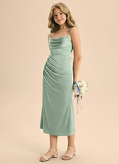 Azazie Mai Junior Osłona Pofałdowany Satyna elastyczna Długość herbaty Młodsza druhna Sukienka image1