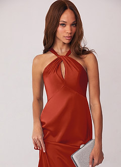 Barbie ♥ Azazie Bridesmaid Dresses Rust Sheath Stretch Satin Dress image6
