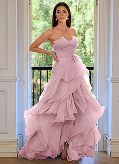 Aurelia Rosa A-Linien-Abendkleid mit floralem Herzausschnitt, Rüschen und asymmetrischem Schnitt image3