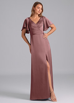 Azazie Ambrosia Bridesmaid Dresses Vintage Mauve A-Line Pleated Stretch Satin Dress image4