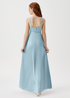 Azazie Kaylee Junior Robe Trapèze en Satin extensible avec ceinture Bleu Maussade image2