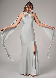 Azazie Kinsley Bridesmaid Dresses Silver Mermaid Side Slit Stretch Satin Dress image2