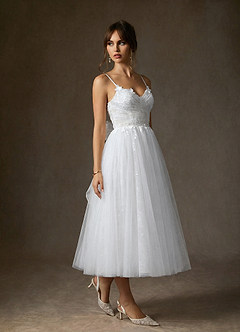 Azazie Zenia At-home Try On Dresses Diamond White A-Line Tulle Dress image3