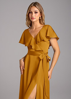 Azazie Lainey Bridesmaid Dresses Butterscotch A-Line with Pockets Stretch Satin Dress image6