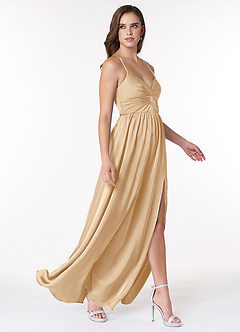 Azazie Raya Bridesmaid Dresses Champagne A-Line V-Neck Pleated Stretch Satin Dress image4