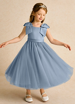 Azazie Serene Flower Girl Dresses Dusty Blue Ball-Gown Bow Matte Satin Dress image4