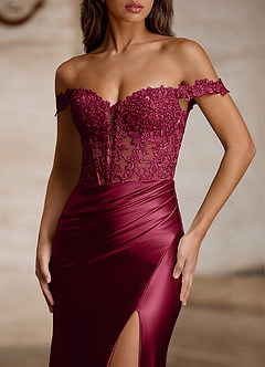 Wrentino Burgundy Embroidered Appliqué Satin Prom Dress image4