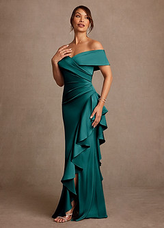 Azazie Kirsty Mère de la mariée Robes Robe Fourreau en Satin extensible Épaule décolletée Paon image3
