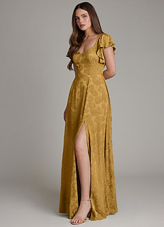 Azazie Keya Bridesmaid Dresses Marigold Jacquard A-Line Ruched Jacquard Dress image6