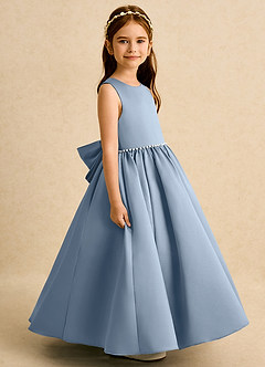 Azazie Daisies Robe Demoiselle D'honneur Fillette Robe Princesse en Mat Satiné Arc Bleu Poussiéreux image6