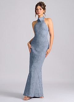 Azazie Velli Vestidos de damas de honor Vestido de Azul Polvoriento de Devorado Floral de Corte Sirena con Cuello Alto image1