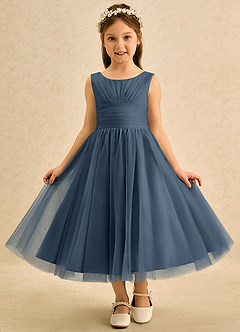 Azazie Macaron Jurken voor bloemenmeisjes A-Lijn Jurk van Tule Geplooid Neptunus image3