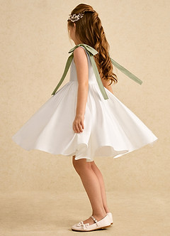 Azazie Stacie Flower Girl Dresses Ivory Moss Green A-Line Bow Matte Satin Dress image3