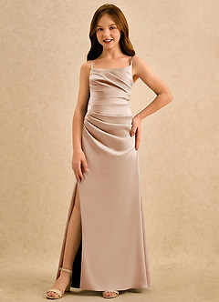 Azazie Cannoli Girls Formal Blomsterpigekjoler A-Line Plisseret Mat satin Gulv-længde Kjole image3