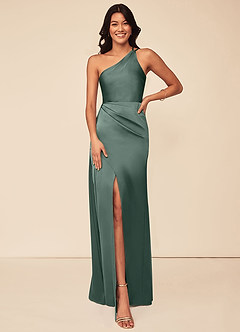 Azazie Maron Bridesmaid Dresses Sea Moss A-Line One Shoulder Stretch Satin Dress image1