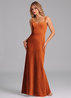 Azazie Denice Vestidos de damas de honor Vestido de Naranja Quemada de terciopelo de Corte Recto con Plisado image3