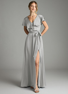 Azazie Lainey Bridesmaid Dresses Silver A-Line with Pockets Stretch Satin Dress image3
