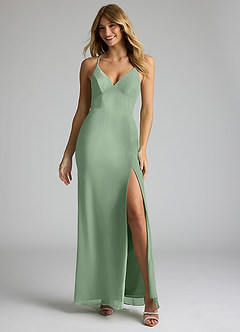 Azazie Becca At-home Try On Dresses Agave Sheath V-Neck Chiffon Dress image3