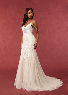 Azazie Denise Wedding Dresses Diamond White Champagne Mermaid Sequins Tulle Dress image3