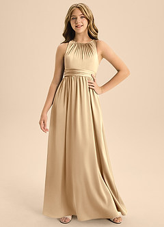 Azazie Jaylah Junior A-Linie Plissee Stretch-Satin Kleid Champagner image1