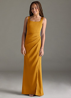 Azazie Mero Junior Butterscotch Mermaid Pleated Stretch Satin Dress image1
