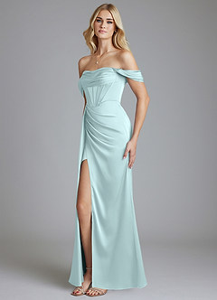 Azazie Amyra Bridesmaid Dresses Sea Glass Mermaid Off the Shoulder Stretch Satin Convertible Dress image6