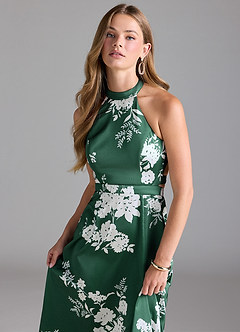 Azazie Clarice Abiti da Damigella Abito A-Line in Raso Elasticizzato Collo Alto Green Botanicals image7