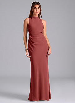Azazie Evadne Robes de demoiselle d'honneur Robe Fourreau en Mousseline de soie Plissé Terracotta image3