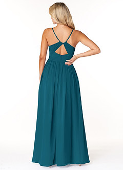 Azazie Dominic Bridesmaid Dresses Ink Blue A-Line V-Neck Pleated Chiffon Dress image2