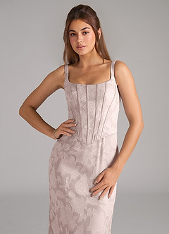 Azazie Kenna Bridesmaid Dresses Blushing Pink Sheath Side Slit Floral Burnout Dress image6