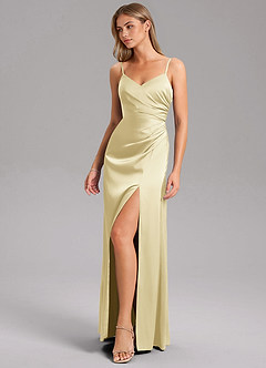 Azazie Azuree Bridesmaid Dresses Lemon Sorbet A-Line Pleated Stretch Satin Dress image5