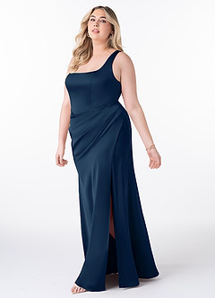 Azazie Mero Bridesmaid Dresses Dark Navy Sheath Pleated Stretch Satin Dress image8