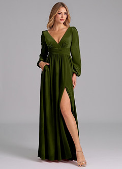 Azazie Norah Robes de demoiselle d'honneur Robe Trapèze en velours Manche longue Olive image5
