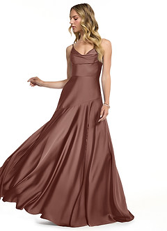 Azazie Kayla Bridesmaid Dresses Espresso Sheath Side Slit Stretch Satin Dress image3