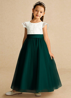 Azazie Pookie Robe Demoiselle D'honneur Fillette Robe Trapèze en Tulle Dentelle Vert Pin image1
